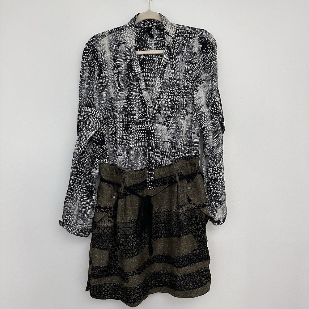 Edun Womens L 100% Silk Mixed Print Long Sleeve y2k Semi Sheer Dress Goth Edgy